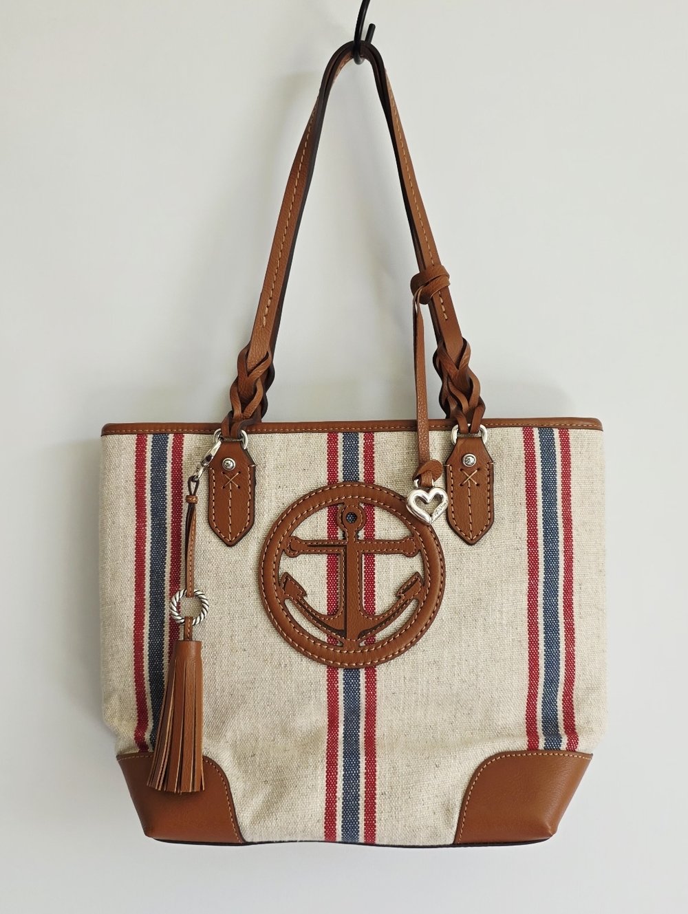 NWOT Brighton Captain Brown Beige Tote 3D Anchor Nautical Leather And Canvas Bag